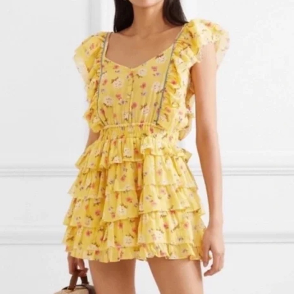 LoveShackFancy Yellow Floral Ruffled Mini Dress